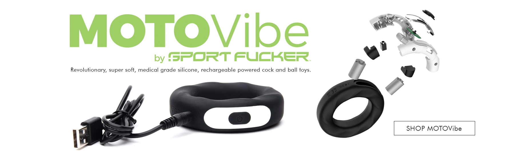 MOTOVibe By Sport Fucker -  Revolutionary, super soft, medical grade silicone, rechargeable powered cock and ball toys.