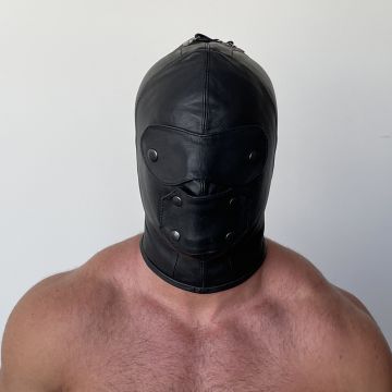 Full Leather Hood with Snap-On Blindfold and Mouth Cover